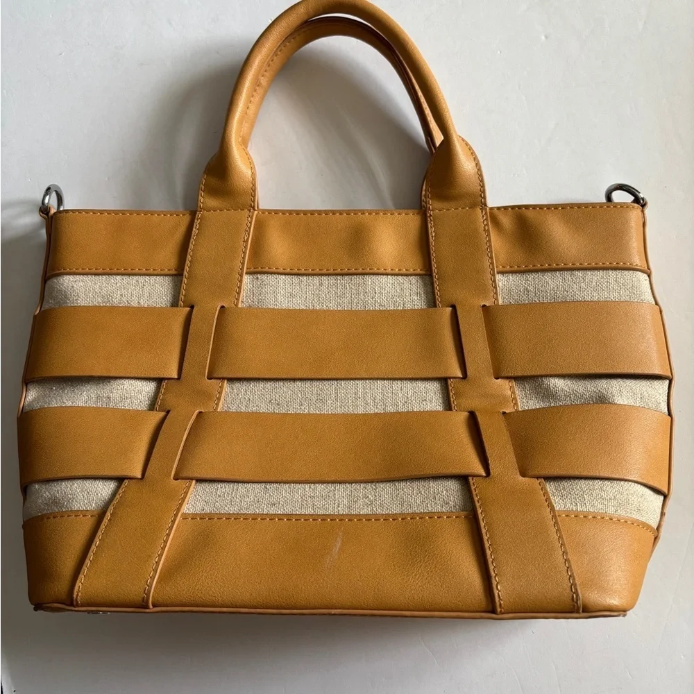MIZTIQUE TAN NATURAL FAUX LEATHER AND CANVAS HAND BAG ZIP CLOSURE POCKET INSIDE